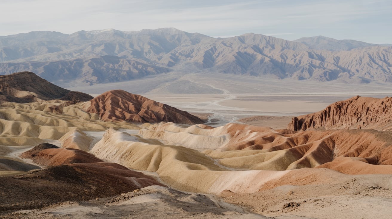 Scenic view of Death Valley desert landscape with mountains in the distance, representing lodging and accommodation options in the area.