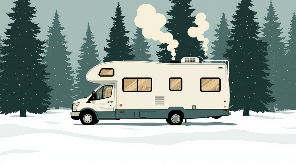 Illustration of a cozy RV parked in a snowy forest with smoke rising from its chimney, representing winter camping tips to keep an RV warm.