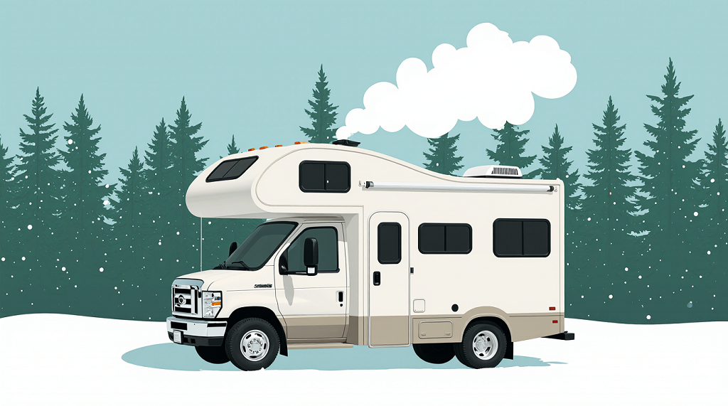 Winter RV camping guide cover showing an RV surrounded by snow, warm lights glowing inside to highlight strategies for staying cozy in cold weather.