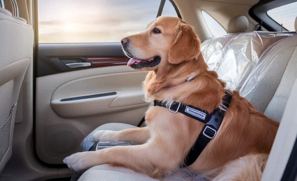 A sturdy dog guard separates the cargo area from the cabin in a Volvo SUV, keeping a large dog safe during travel