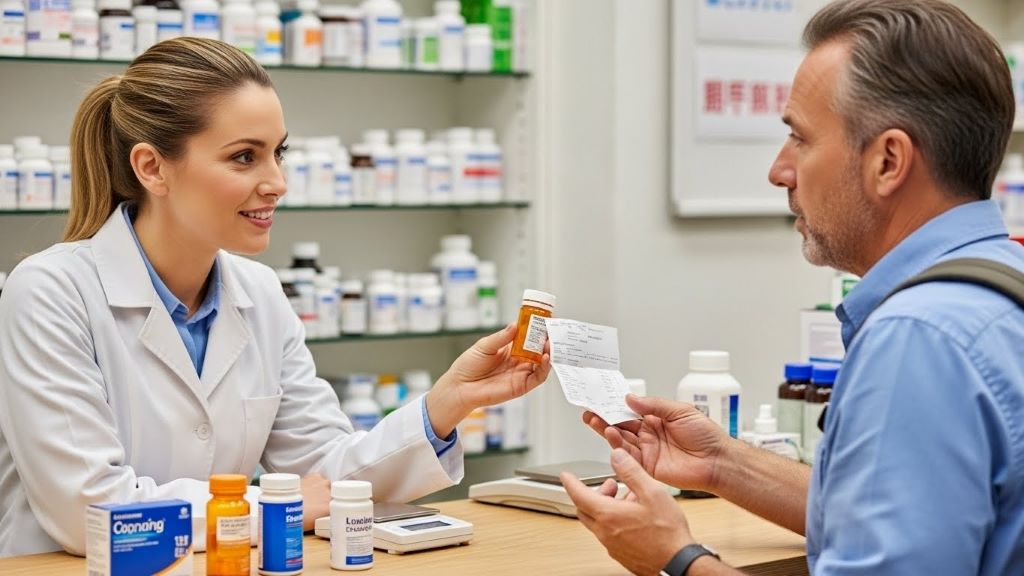 Pharmacist helping international traveler with emergency prescription refill at foreign pharmacy counter
