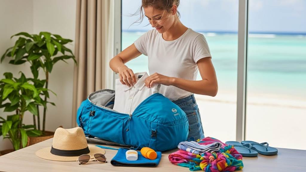 Traveler packing lightweight backpack for Maldives beach trip