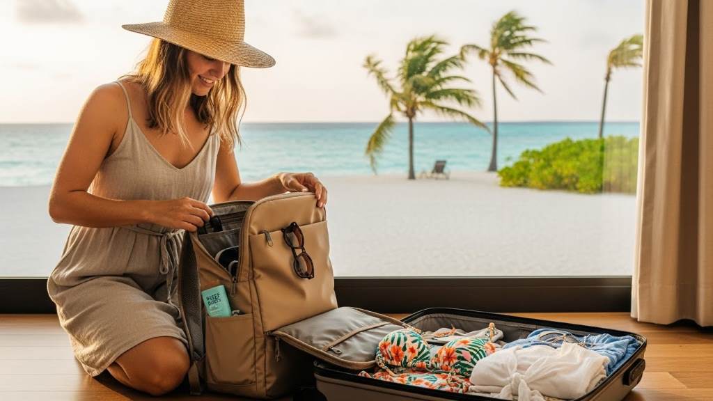 Traveler packing lightweight backpack for Maldives beach trip
