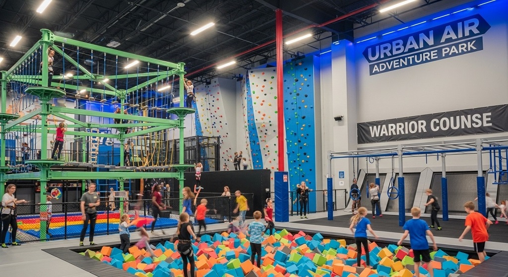 Kids playing obstacle course during a family day at Urban Air