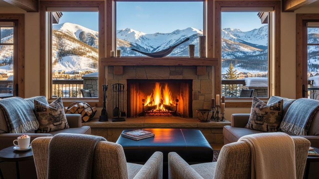 Cozy mountain lodge with fireplace and snow-covered peaks visible through windows in Aspen Colorado