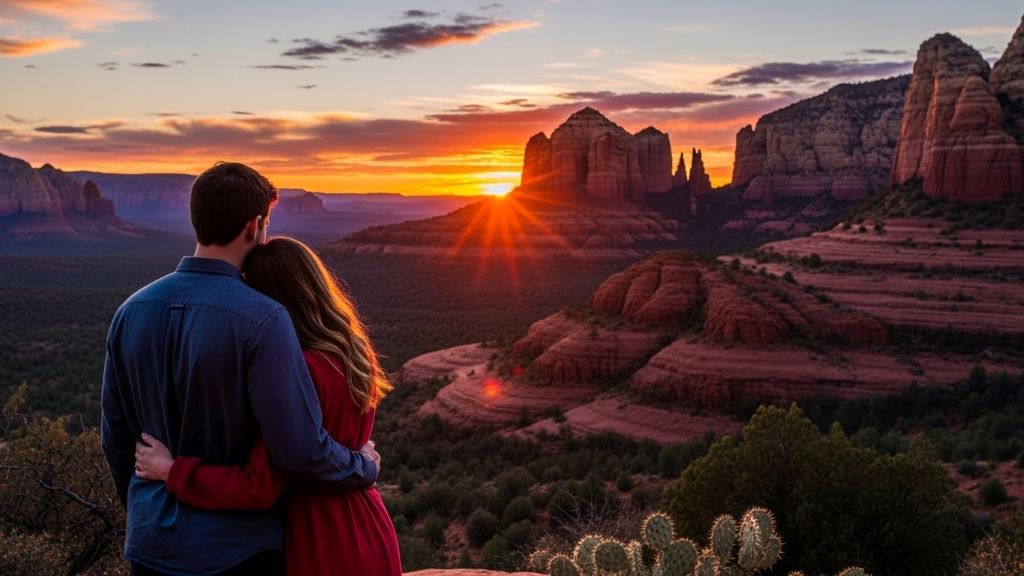 Romantic couple watching sunset over red rock formations in Sedona Arizona during Valentine's Day getaway
