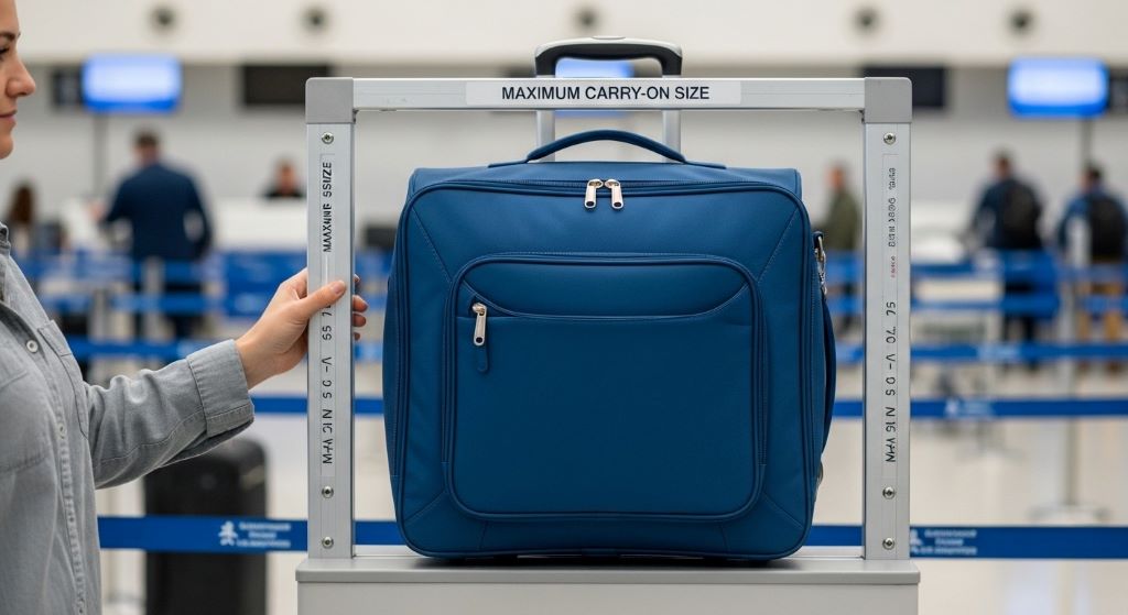 Budget-friendly carry-on suitcase being measured against airline size requirements gauge showing proper dimensions for overhead bin storage
