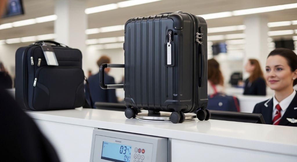 Lightweight carry-on luggage with spinner wheels meeting airline approved size dimensions at airport check-in counter