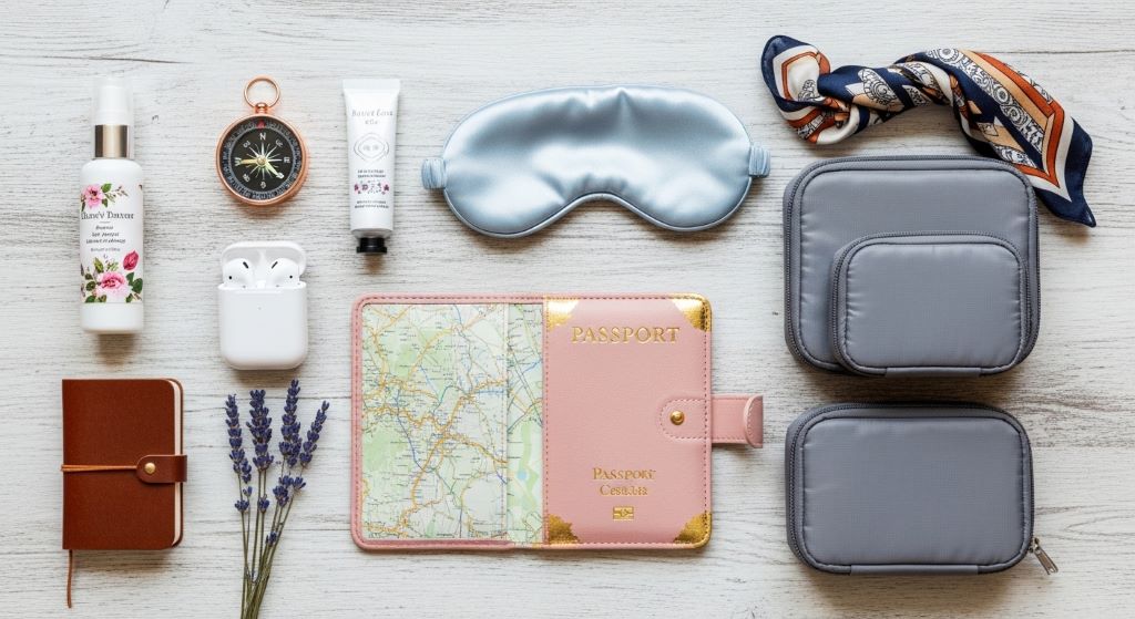 Flat lay of popular travel gift ideas for women including a passport holder, packing cubes, and earbuds