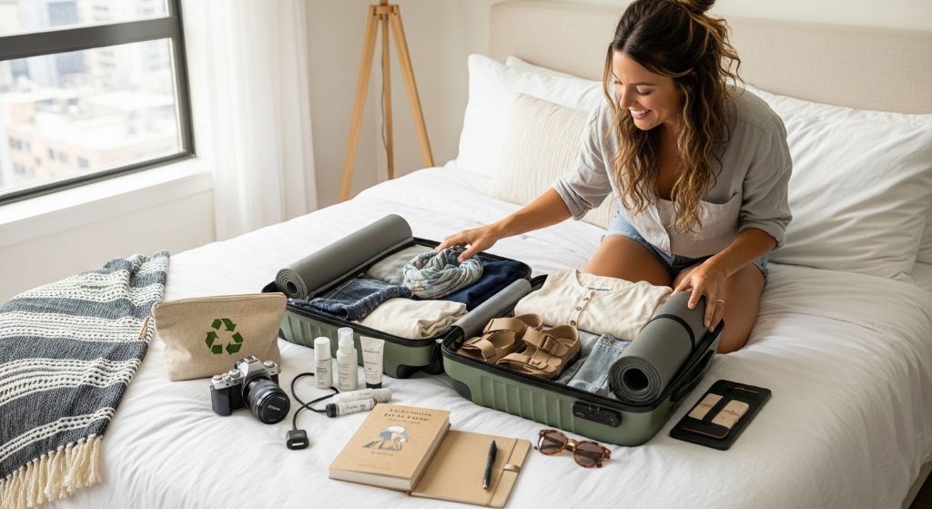 A woman traveler packing stylish and practical travel essentials into a carry-on suitcase