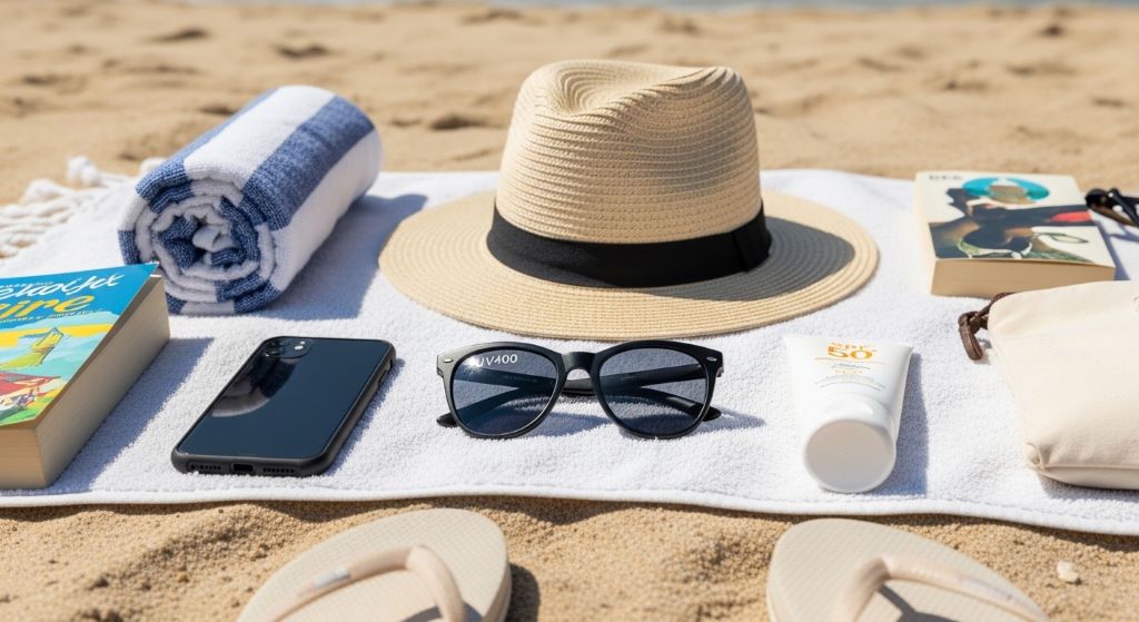 Flat lay of travel fashion essentials including UV400 sunglasses, sunscreen, and a wide-brimmed hat arranged on a sandy beach towel