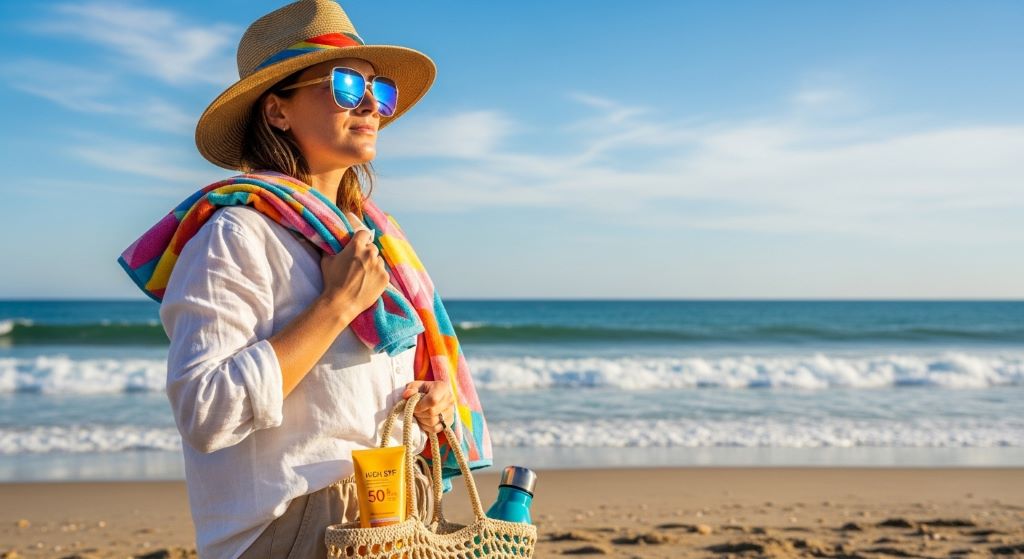 A traveler wearing large polarized sunglasses on a sunny beach, showcasing essential sun protection gear for a beach vacation