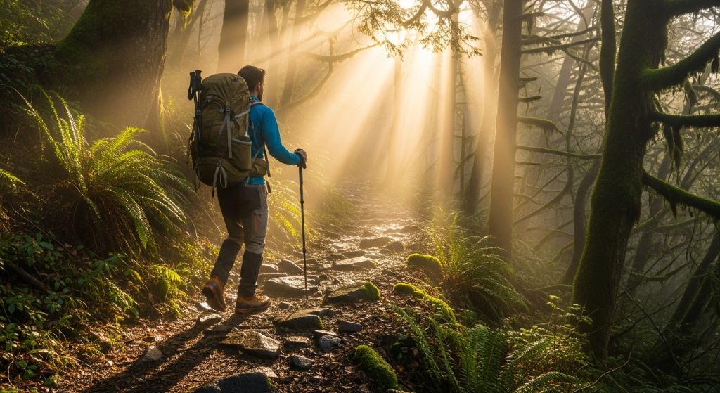 A hiker wearing a backpack and using hiking travel gear while walking through a misty forest trail at sunrise