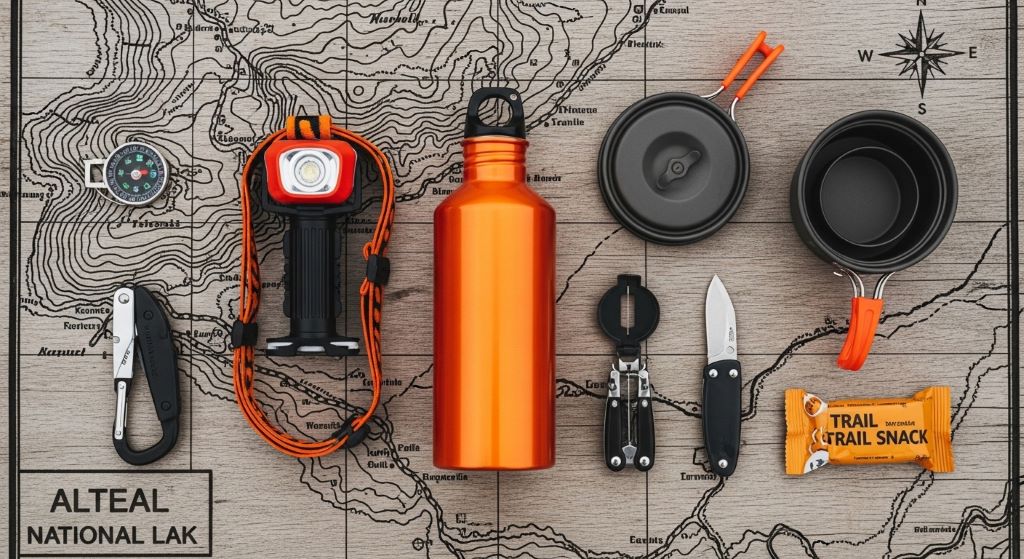 A collection of camping accessories including a headlamp, water bottle, and compact cook set laid out on a wooden trail map