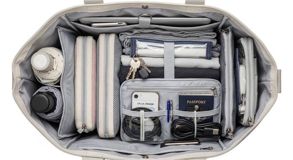 Travel tote interior showing systematic organization with pouches, rolled items, and designated zones for different belongings