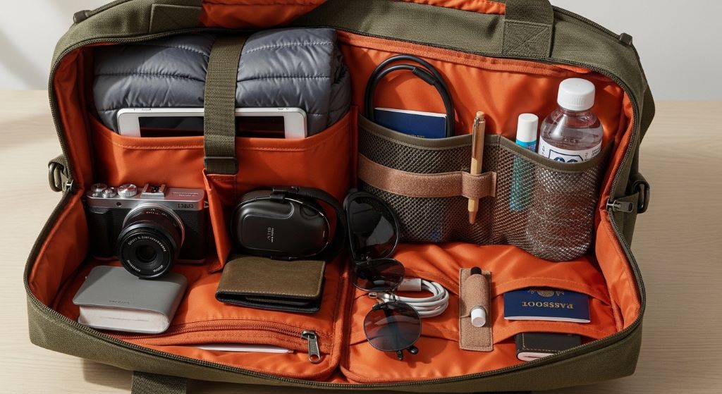 Organized travel tote bag with multiple compartments containing neatly arranged travel essentials and accessories