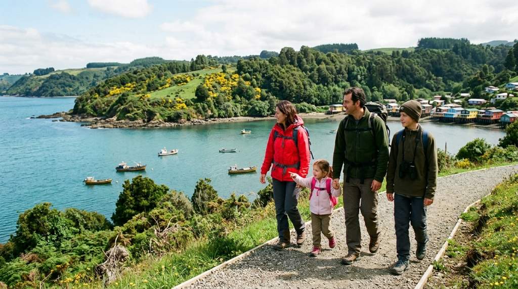 Family from San Diego exploring colorful coastal villages on Chiloé Island in Chile during summer vacation