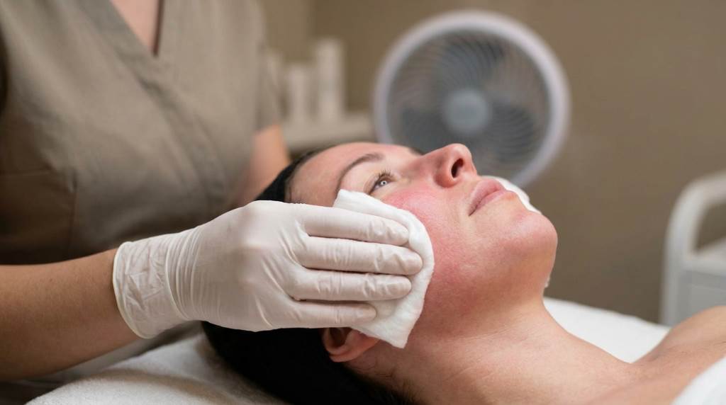 Woman applying gentle moisturizer after a chemical peel