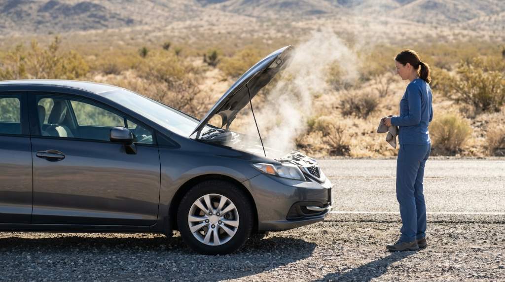 inspecting radiator airflow after roadside engine overheating